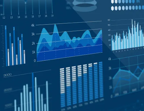 Digital dashboard displaying various data visualizations, including bar charts, line graphs, and histograms, in a blue-themed interface.