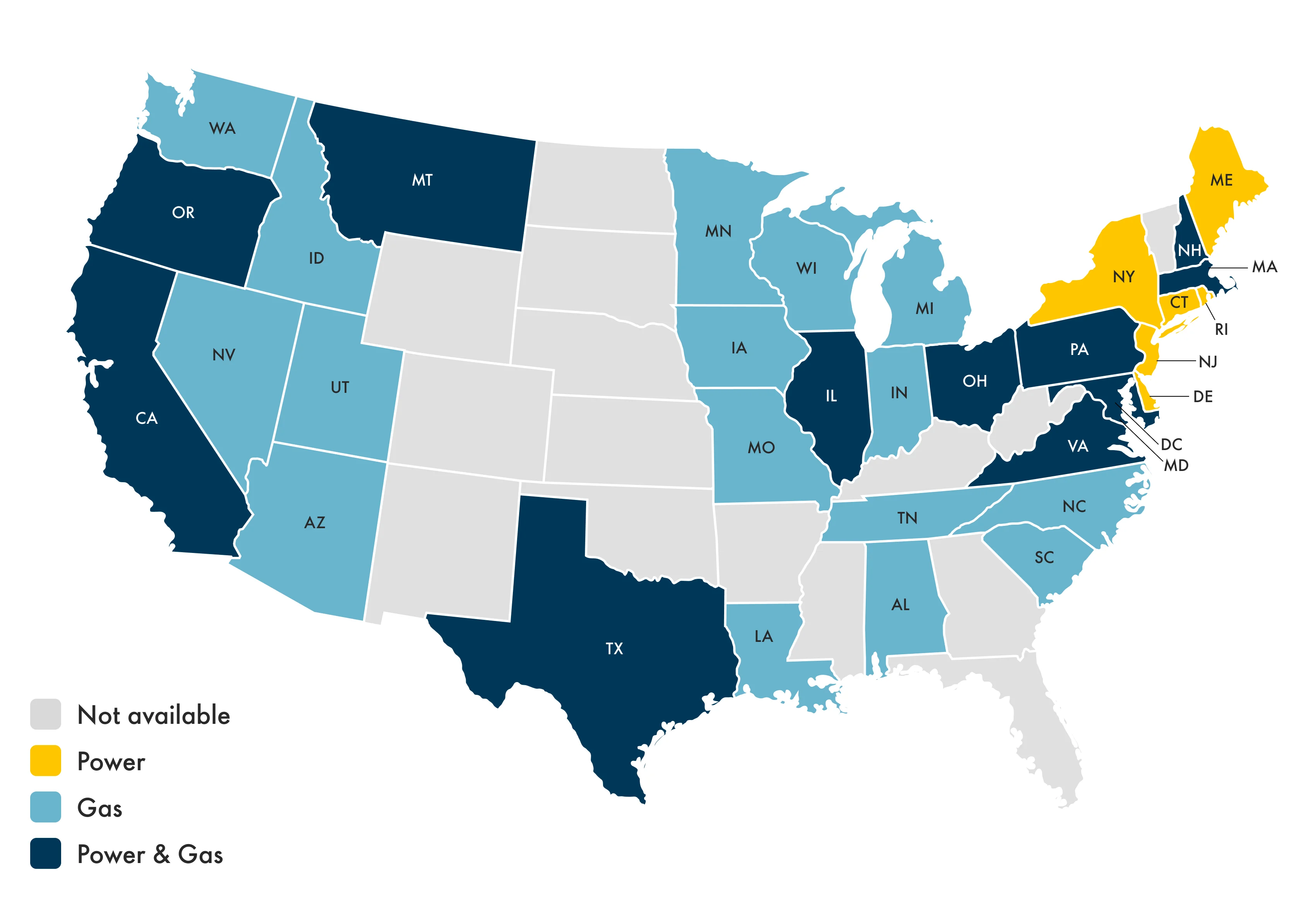 Map of the united states with the areas where Shell Energy serves